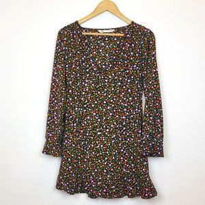 Zara Black Floral Ruffle Hem Long Sleeve Mini Dress, Size Small, EUC